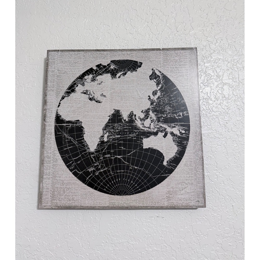 Hobby Lobby Black White World Map Globe Newspaper Print Square Wood Wall Art